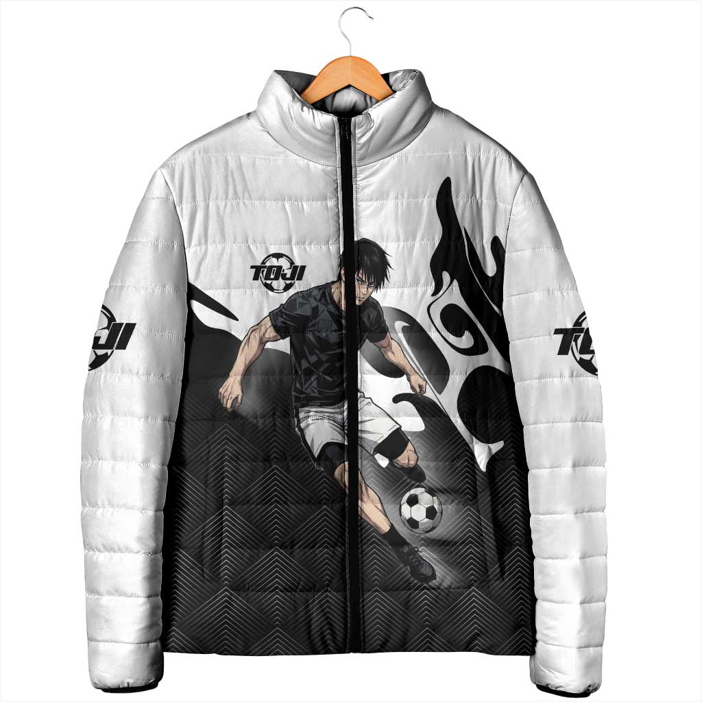 Personalized Toji Fushiguro Jujutsu Kaisen Soccer Theme Padded Jacket with Dribbling Pose and Monochrome Black White Flame Graphic Design - The Mazicc