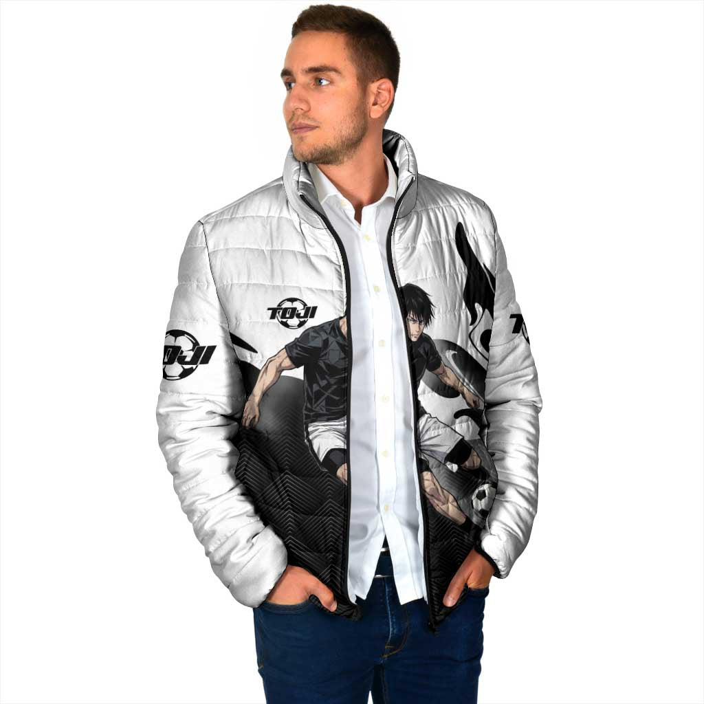 Personalized Toji Fushiguro Jujutsu Kaisen Soccer Theme Padded Jacket with Dribbling Pose and Monochrome Black White Flame Graphic Design - The Mazicc