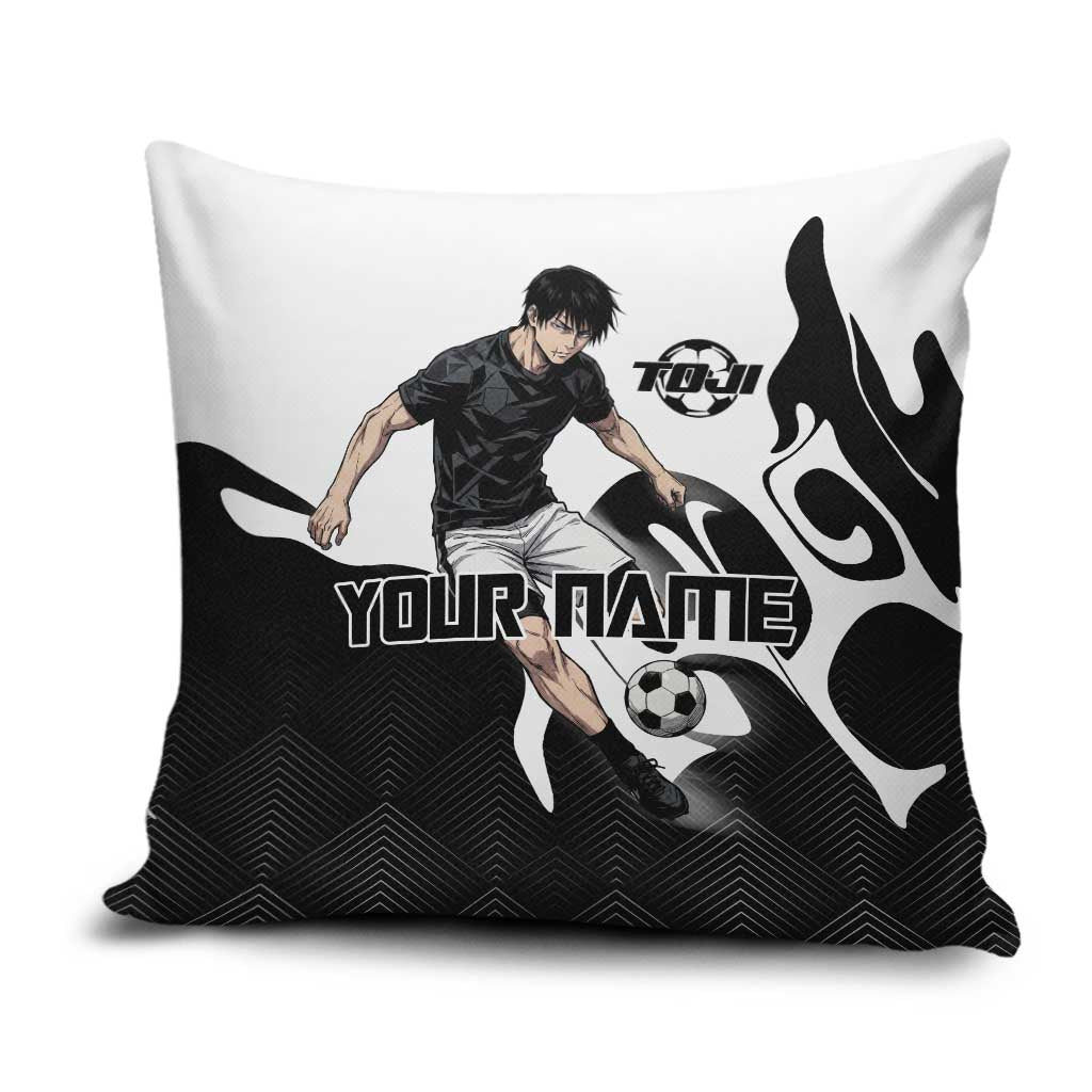 Personalized Toji Fushiguro Jujutsu Kaisen Soccer Theme Pillow Cover with Dribbling Pose and Monochrome Black White Flame Graphic Design - The Mazicc