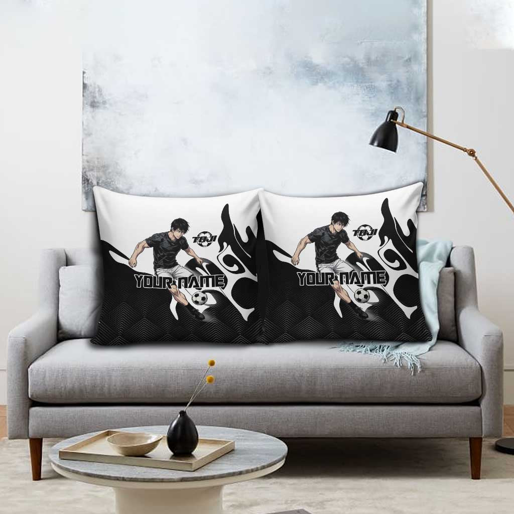 Personalized Toji Fushiguro Jujutsu Kaisen Soccer Theme Pillow Cover with Dribbling Pose and Monochrome Black White Flame Graphic Design - The Mazicc