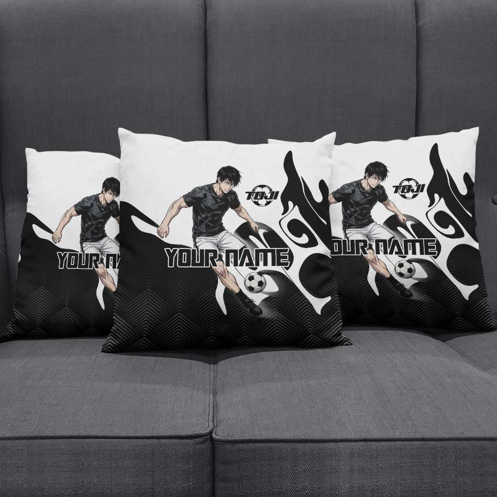 Personalized Toji Fushiguro Jujutsu Kaisen Soccer Theme Pillow Cover with Dribbling Pose and Monochrome Black White Flame Graphic Design - The Mazicc