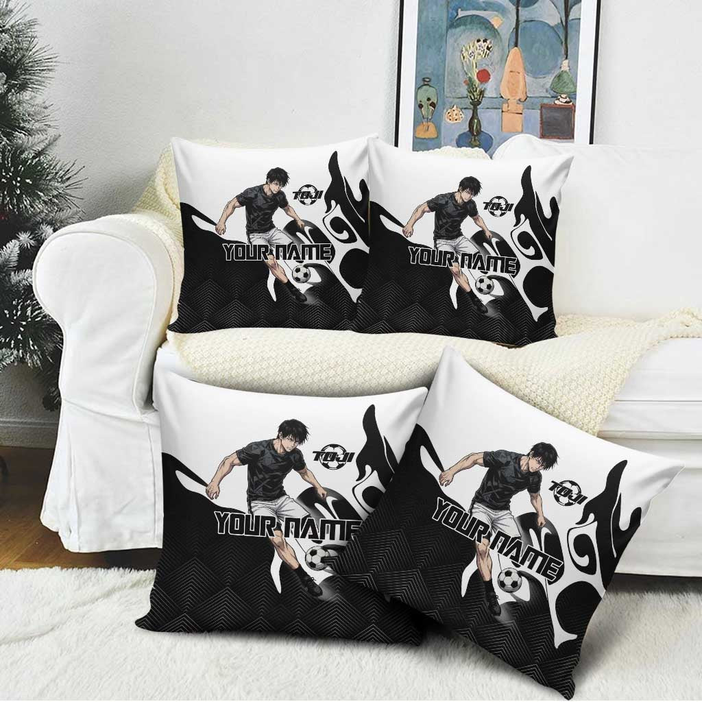Personalized Toji Fushiguro Jujutsu Kaisen Soccer Theme Pillow Cover with Dribbling Pose and Monochrome Black White Flame Graphic Design - The Mazicc