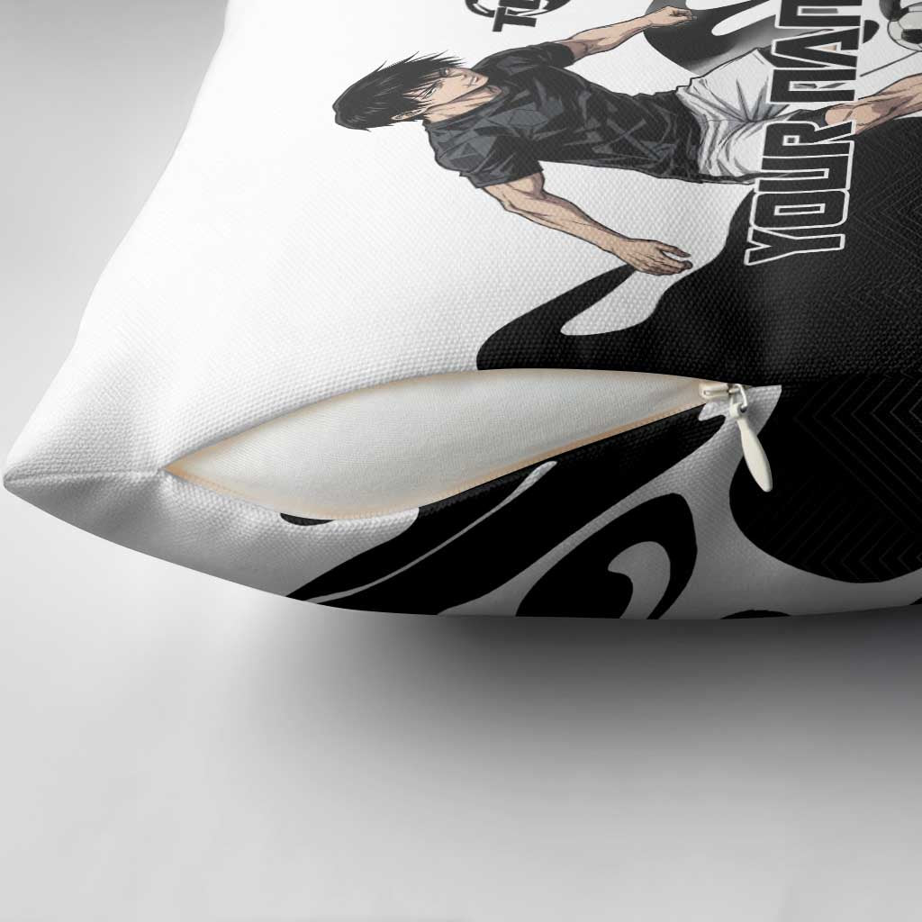 Personalized Toji Fushiguro Jujutsu Kaisen Soccer Theme Pillow Cover with Dribbling Pose and Monochrome Black White Flame Graphic Design - The Mazicc