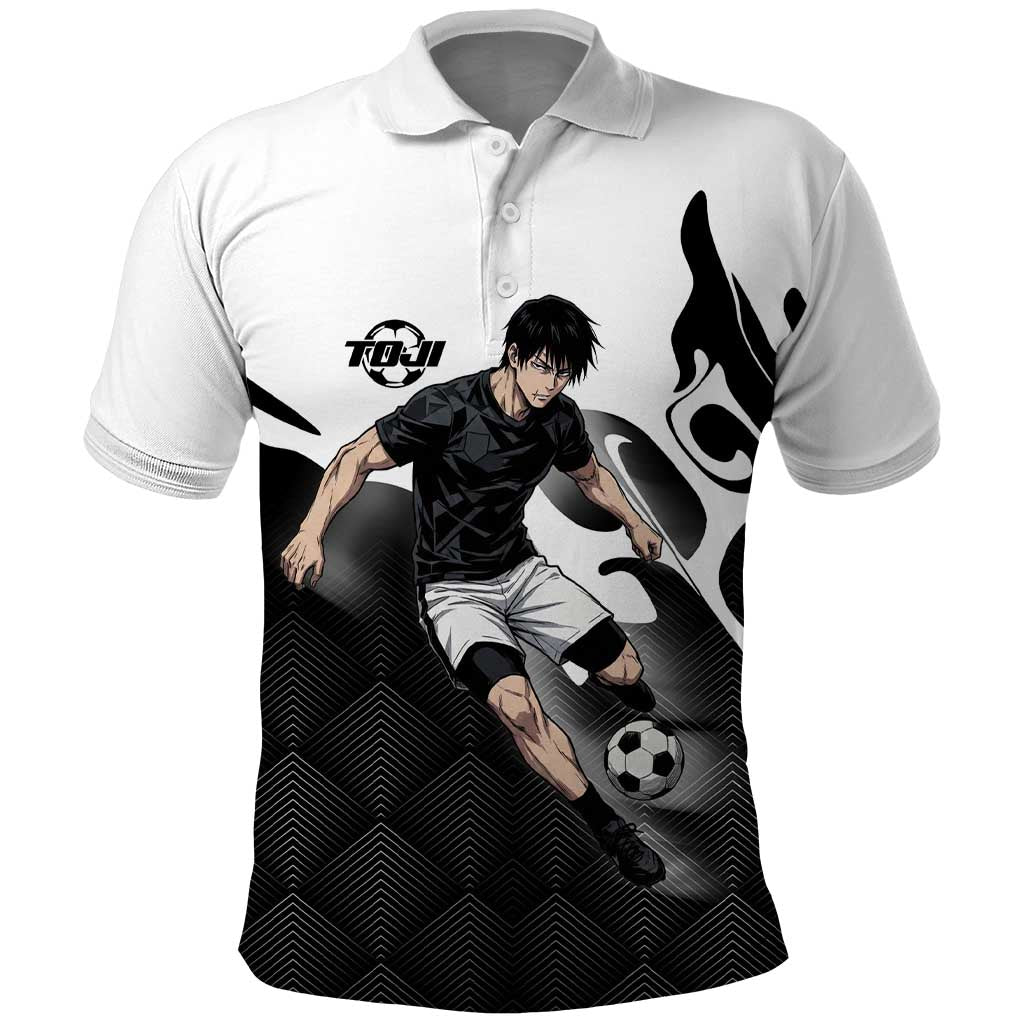 Personalized Toji Fushiguro Jujutsu Kaisen Soccer Theme Polo Shirt with Dribbling Pose and Monochrome Black White Flame Graphic Design - The Mazicc