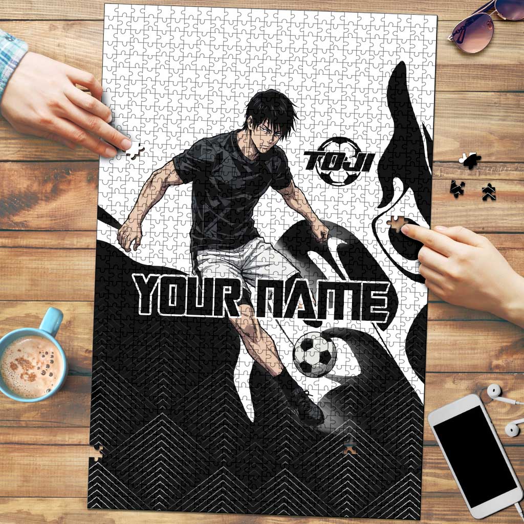 Personalized Toji Fushiguro Jujutsu Kaisen Soccer Theme Puzzle with Dribbling Pose and Monochrome Black White Flame Graphic Design - The Mazicc