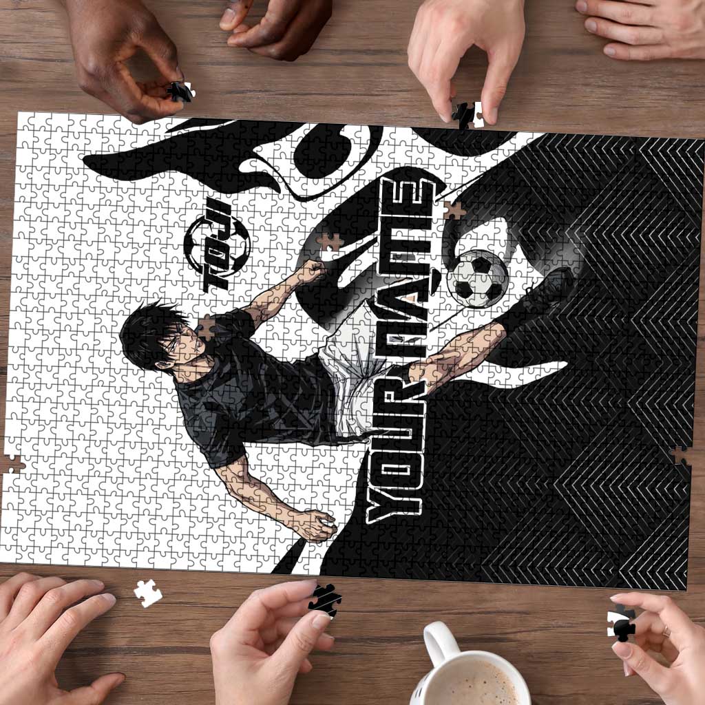 Personalized Toji Fushiguro Jujutsu Kaisen Soccer Theme Puzzle with Dribbling Pose and Monochrome Black White Flame Graphic Design - The Mazicc