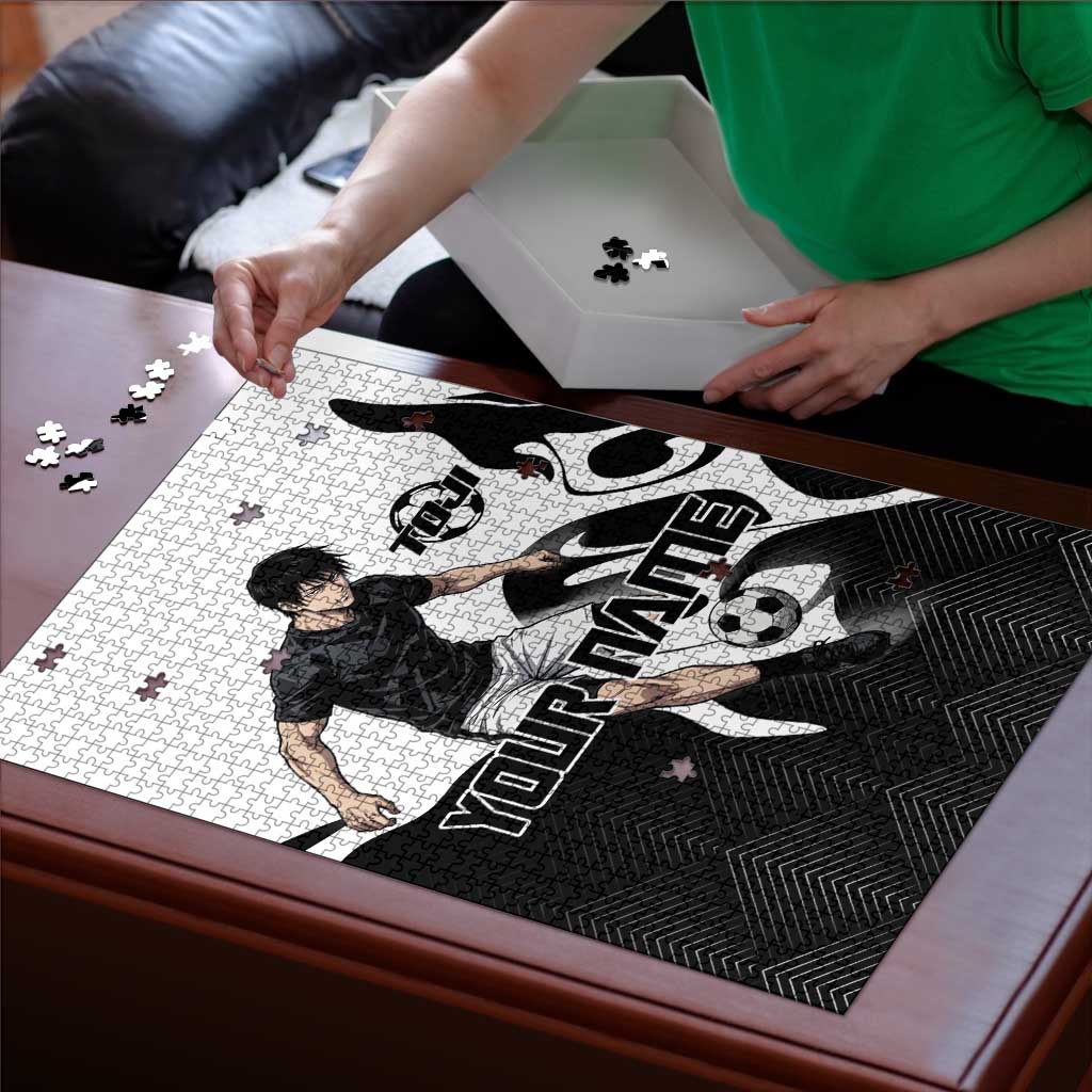 Personalized Toji Fushiguro Jujutsu Kaisen Soccer Theme Puzzle with Dribbling Pose and Monochrome Black White Flame Graphic Design - The Mazicc