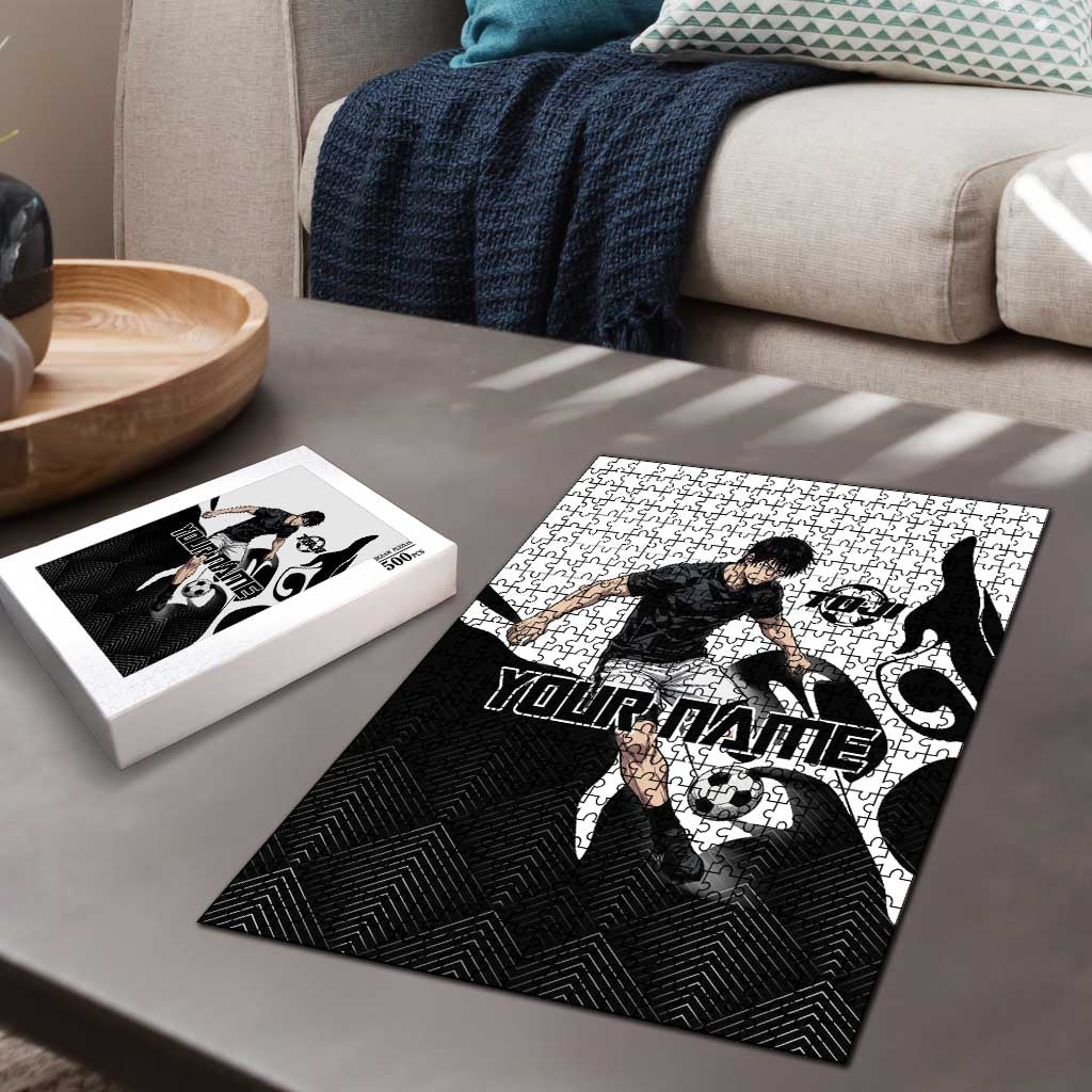 Personalized Toji Fushiguro Jujutsu Kaisen Soccer Theme Puzzle with Dribbling Pose and Monochrome Black White Flame Graphic Design - The Mazicc