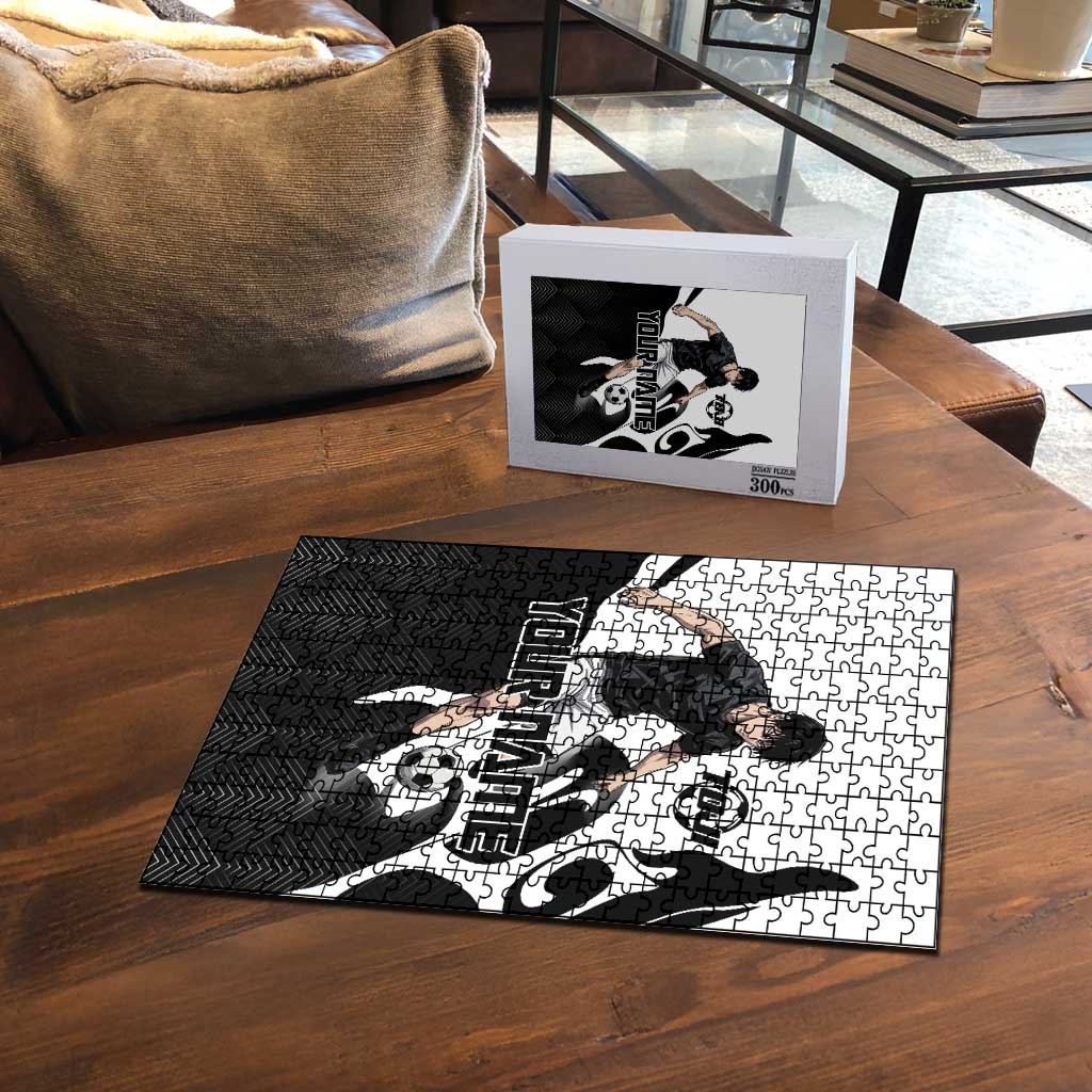 Personalized Toji Fushiguro Jujutsu Kaisen Soccer Theme Puzzle with Dribbling Pose and Monochrome Black White Flame Graphic Design - The Mazicc