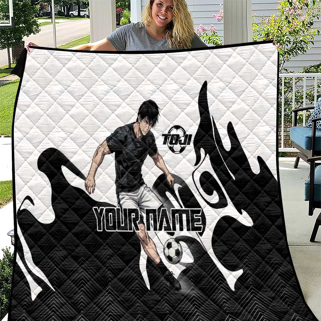 Personalized Toji Fushiguro Jujutsu Kaisen Soccer Theme Quilt with Dribbling Pose and Monochrome Black White Flame Graphic Design - The Mazicc