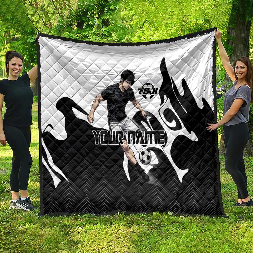Personalized Toji Fushiguro Jujutsu Kaisen Soccer Theme Quilt with Dribbling Pose and Monochrome Black White Flame Graphic Design - The Mazicc