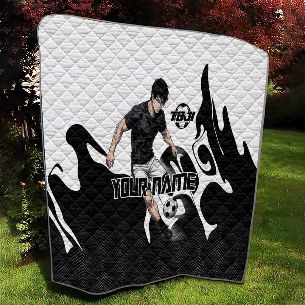 Personalized Toji Fushiguro Jujutsu Kaisen Soccer Theme Quilt with Dribbling Pose and Monochrome Black White Flame Graphic Design - The Mazicc