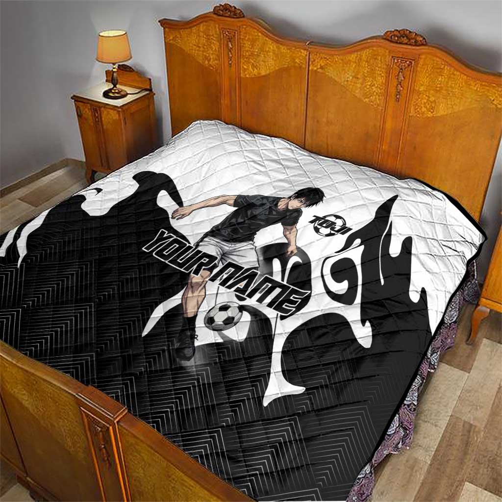 Personalized Toji Fushiguro Jujutsu Kaisen Soccer Theme Quilt with Dribbling Pose and Monochrome Black White Flame Graphic Design - The Mazicc