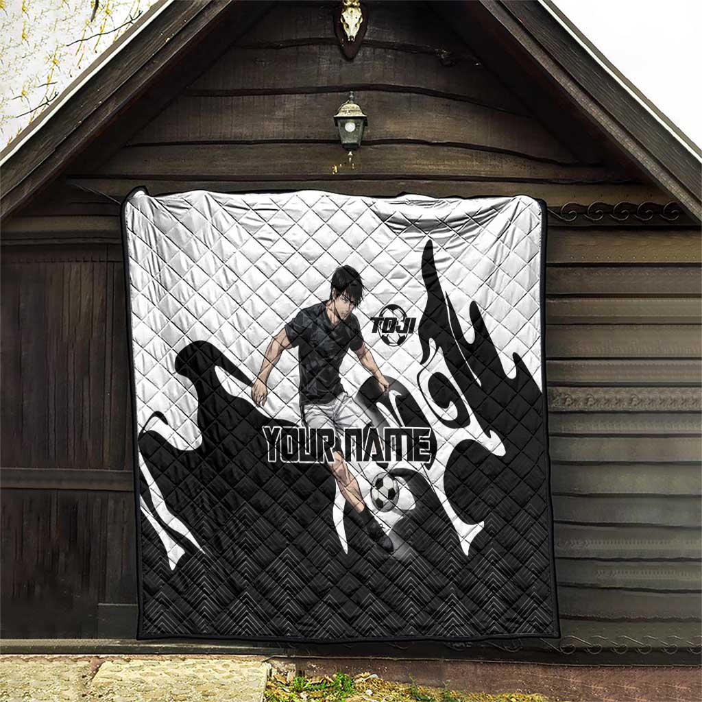 Personalized Toji Fushiguro Jujutsu Kaisen Soccer Theme Quilt with Dribbling Pose and Monochrome Black White Flame Graphic Design - The Mazicc