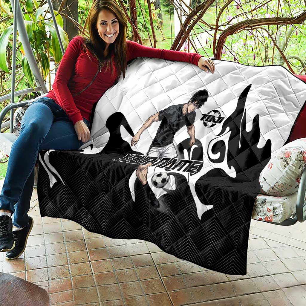 Personalized Toji Fushiguro Jujutsu Kaisen Soccer Theme Quilt with Dribbling Pose and Monochrome Black White Flame Graphic Design - The Mazicc