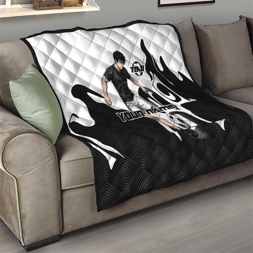 Personalized Toji Fushiguro Jujutsu Kaisen Soccer Theme Quilt with Dribbling Pose and Monochrome Black White Flame Graphic Design - The Mazicc