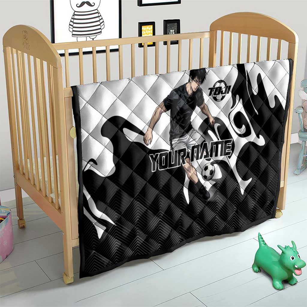 Personalized Toji Fushiguro Jujutsu Kaisen Soccer Theme Quilt with Dribbling Pose and Monochrome Black White Flame Graphic Design - The Mazicc