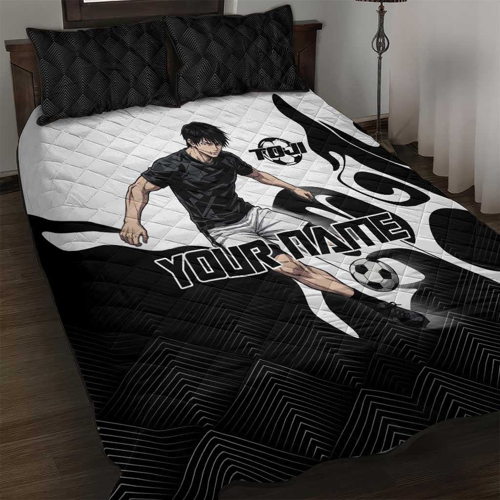 Personalized Toji Fushiguro Jujutsu Kaisen Soccer Theme Quilt Bed Set with Dribbling Pose and Monochrome Black White Flame Graphic Design - The Mazicc