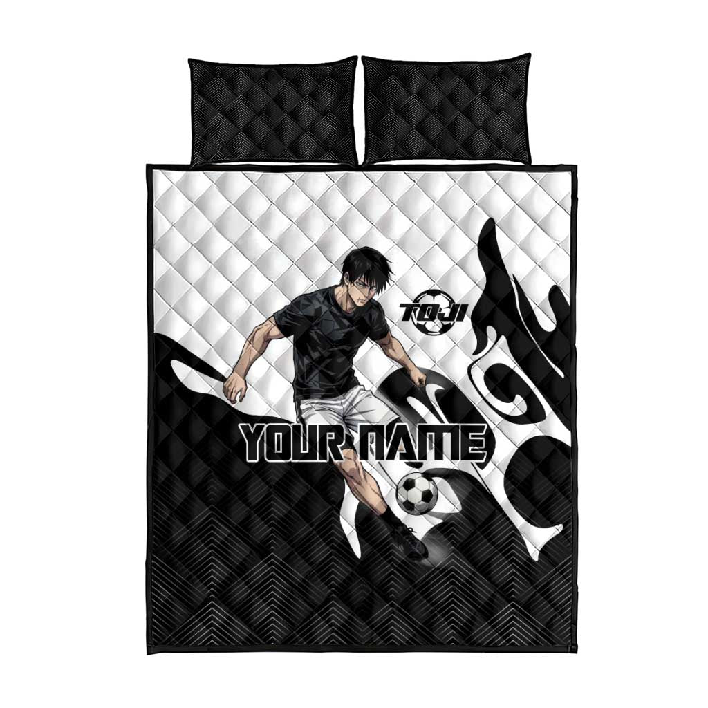 Personalized Toji Fushiguro Jujutsu Kaisen Soccer Theme Quilt Bed Set with Dribbling Pose and Monochrome Black White Flame Graphic Design - The Mazicc