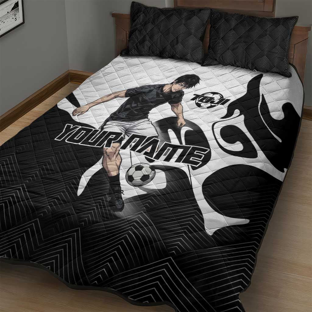Personalized Toji Fushiguro Jujutsu Kaisen Soccer Theme Quilt Bed Set with Dribbling Pose and Monochrome Black White Flame Graphic Design - The Mazicc