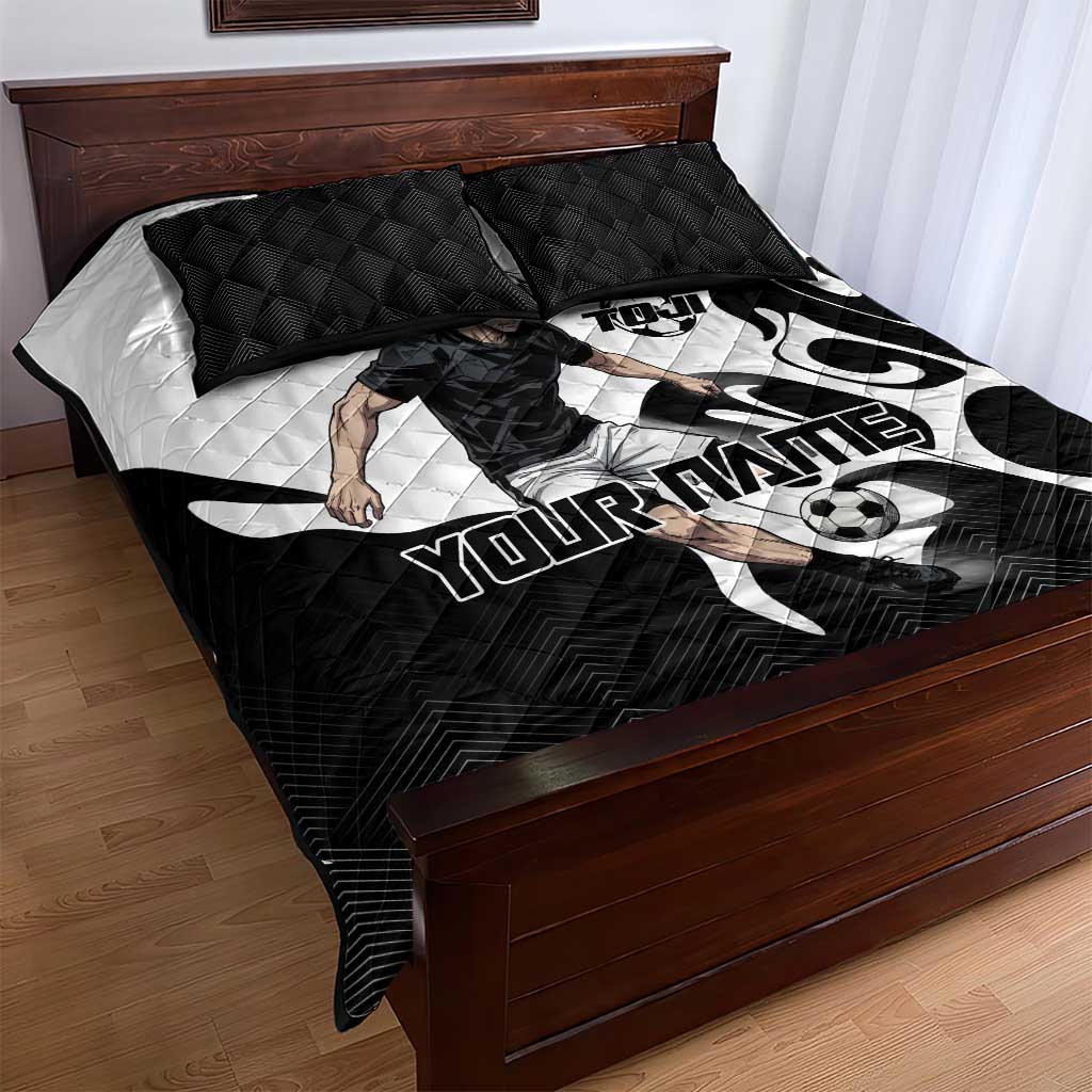 Personalized Toji Fushiguro Jujutsu Kaisen Soccer Theme Quilt Bed Set with Dribbling Pose and Monochrome Black White Flame Graphic Design - The Mazicc