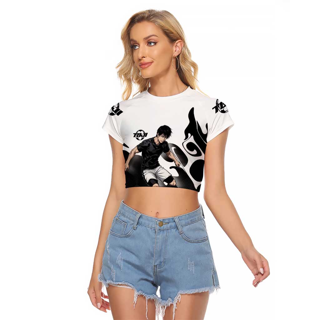 Personalized Toji Fushiguro Jujutsu Kaisen Soccer Theme Raglan Cropped T Shirt with Dribbling Pose and Monochrome Black White Flame Graphic Design - The Mazicc
