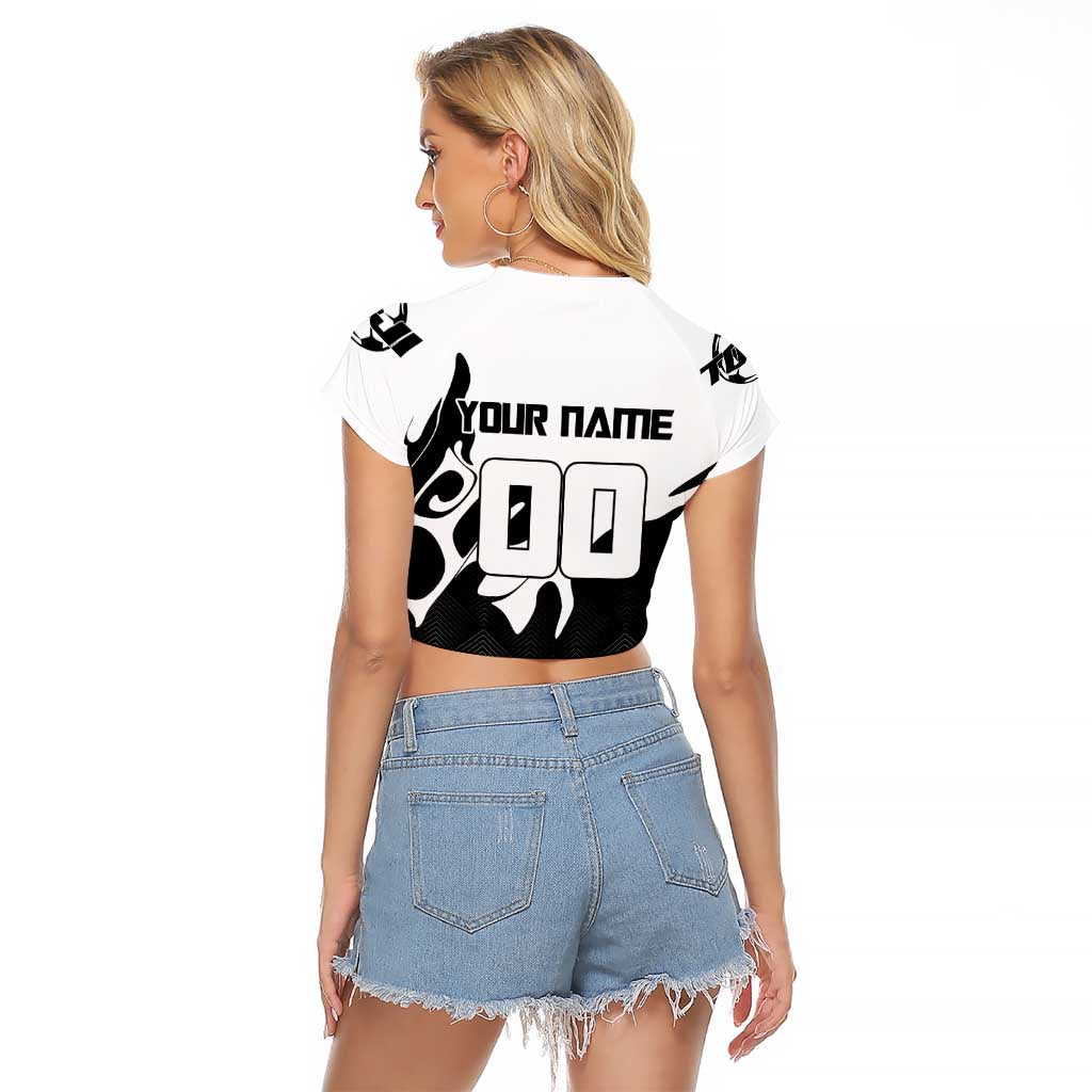 Personalized Toji Fushiguro Jujutsu Kaisen Soccer Theme Raglan Cropped T Shirt with Dribbling Pose and Monochrome Black White Flame Graphic Design - The Mazicc