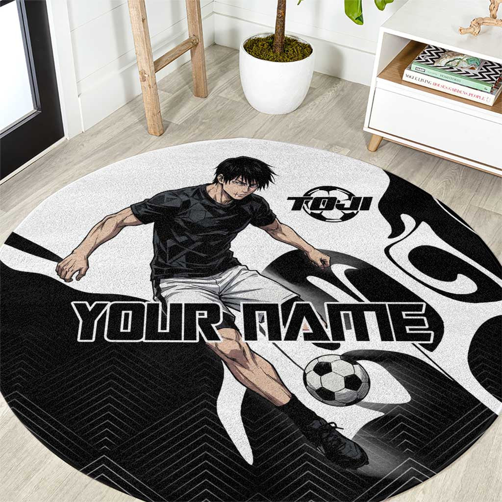 Personalized Toji Fushiguro Jujutsu Kaisen Soccer Theme Round Carpet with Dribbling Pose and Monochrome Black White Flame Graphic Design - The Mazicc