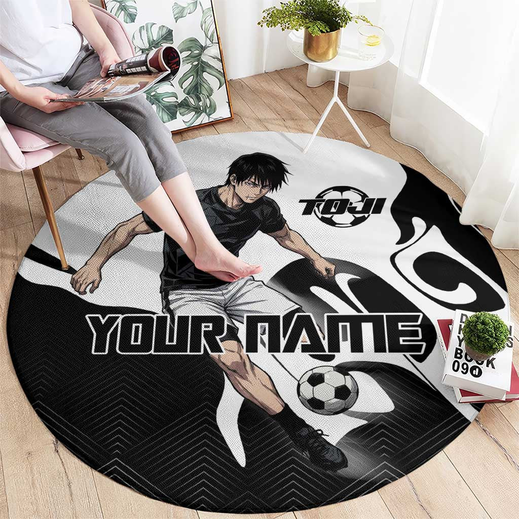 Personalized Toji Fushiguro Jujutsu Kaisen Soccer Theme Round Carpet with Dribbling Pose and Monochrome Black White Flame Graphic Design - The Mazicc