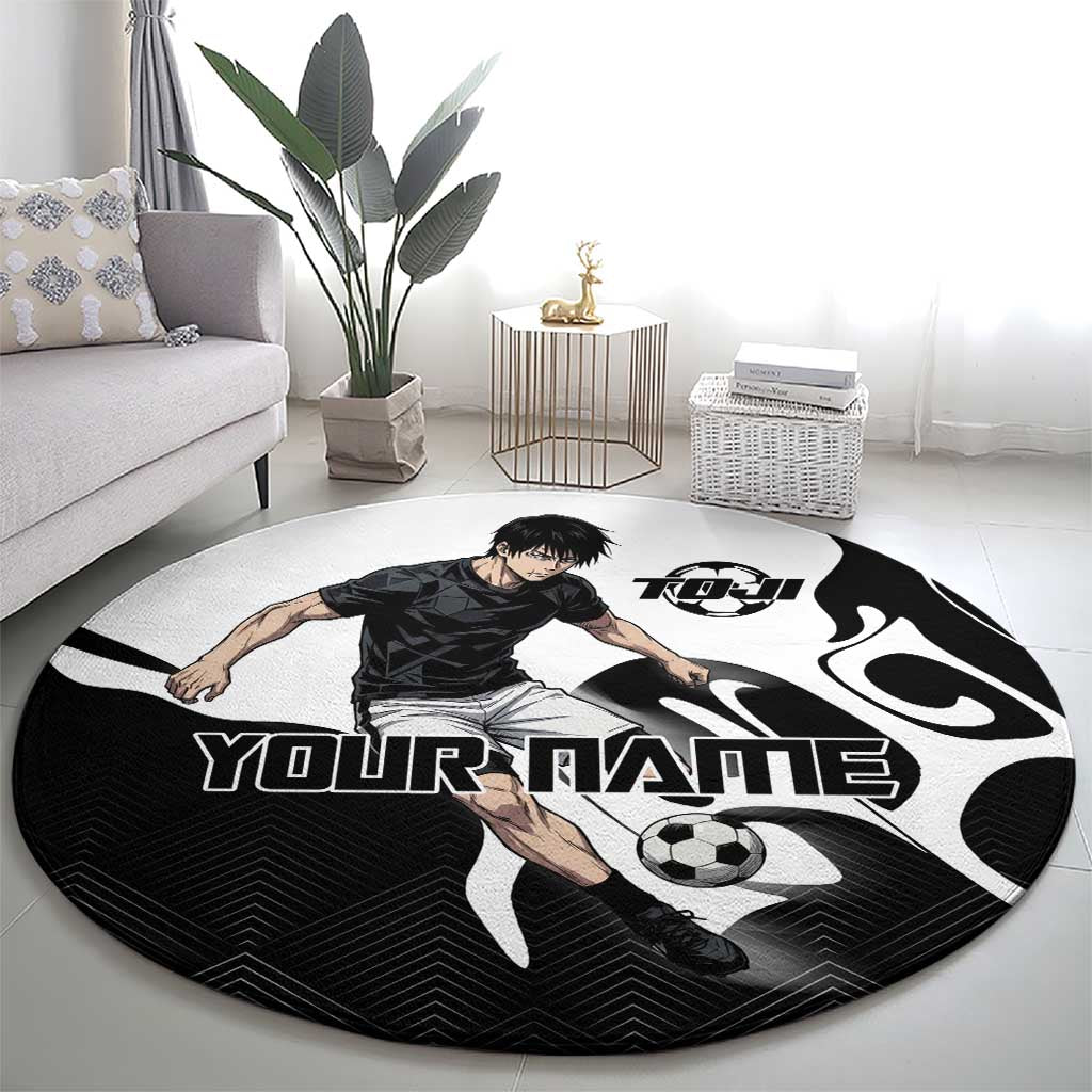 Personalized Toji Fushiguro Jujutsu Kaisen Soccer Theme Round Carpet with Dribbling Pose and Monochrome Black White Flame Graphic Design - The Mazicc