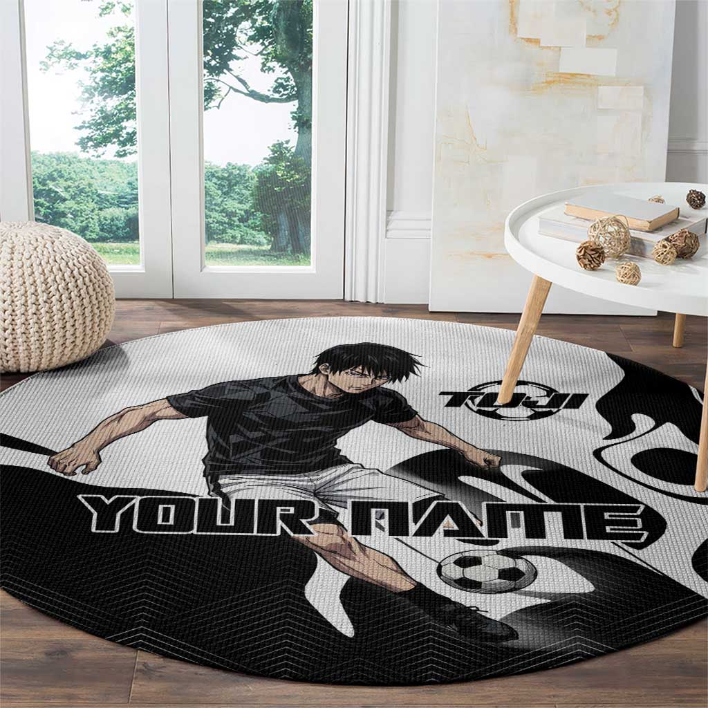 Personalized Toji Fushiguro Jujutsu Kaisen Soccer Theme Round Carpet with Dribbling Pose and Monochrome Black White Flame Graphic Design - The Mazicc