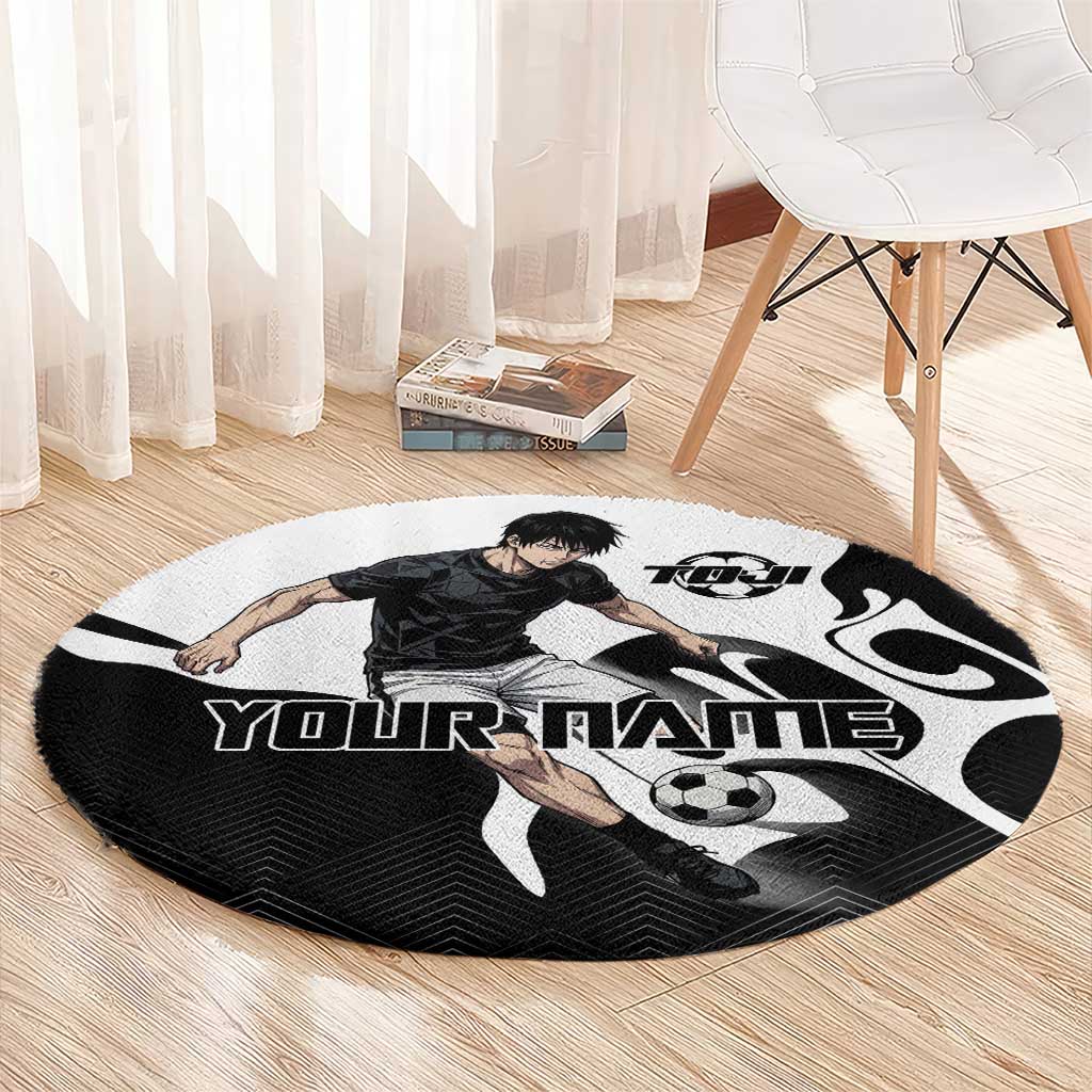 Personalized Toji Fushiguro Jujutsu Kaisen Soccer Theme Round Carpet with Dribbling Pose and Monochrome Black White Flame Graphic Design - The Mazicc