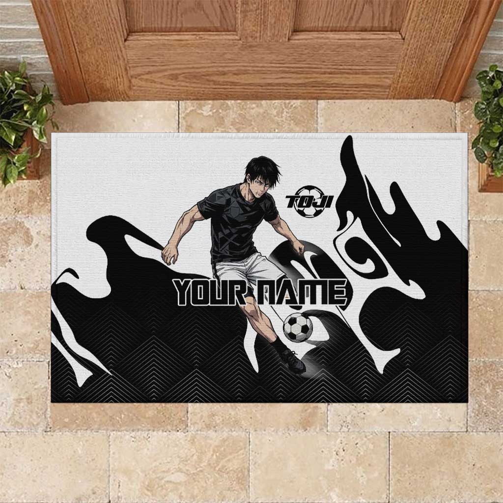 Personalized Toji Fushiguro Jujutsu Kaisen Soccer Theme Rubber Doormat with Dribbling Pose and Monochrome Black White Flame Graphic Design - The Mazicc