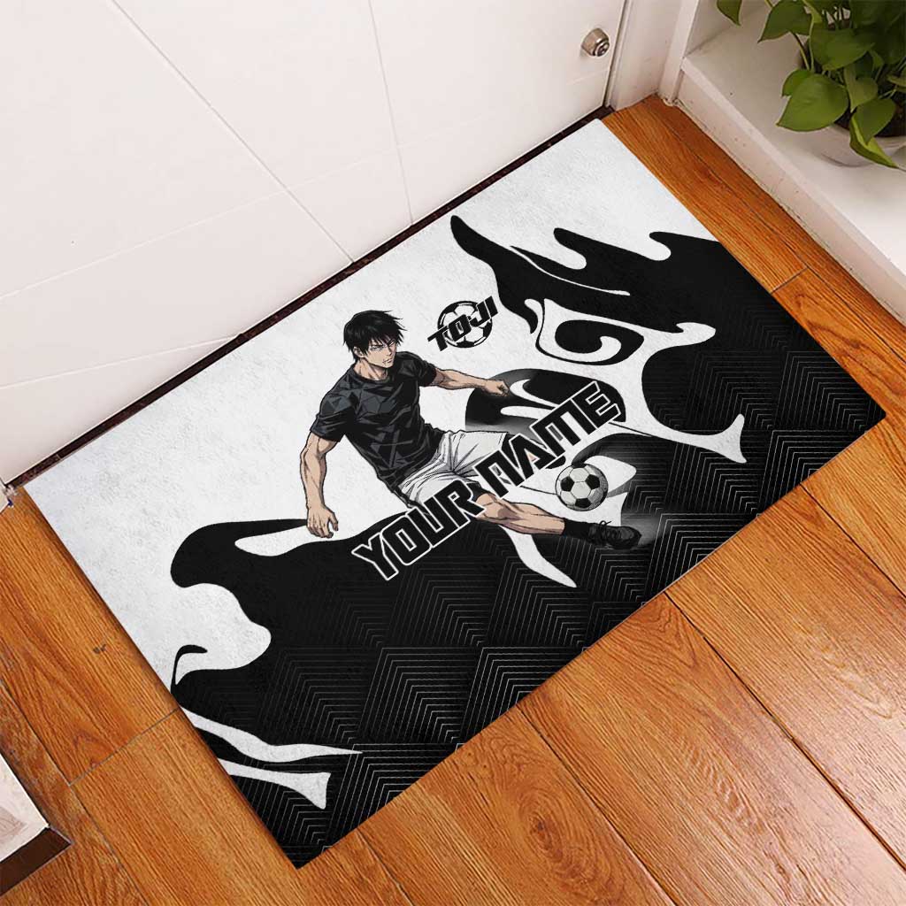 Personalized Toji Fushiguro Jujutsu Kaisen Soccer Theme Rubber Doormat with Dribbling Pose and Monochrome Black White Flame Graphic Design - The Mazicc