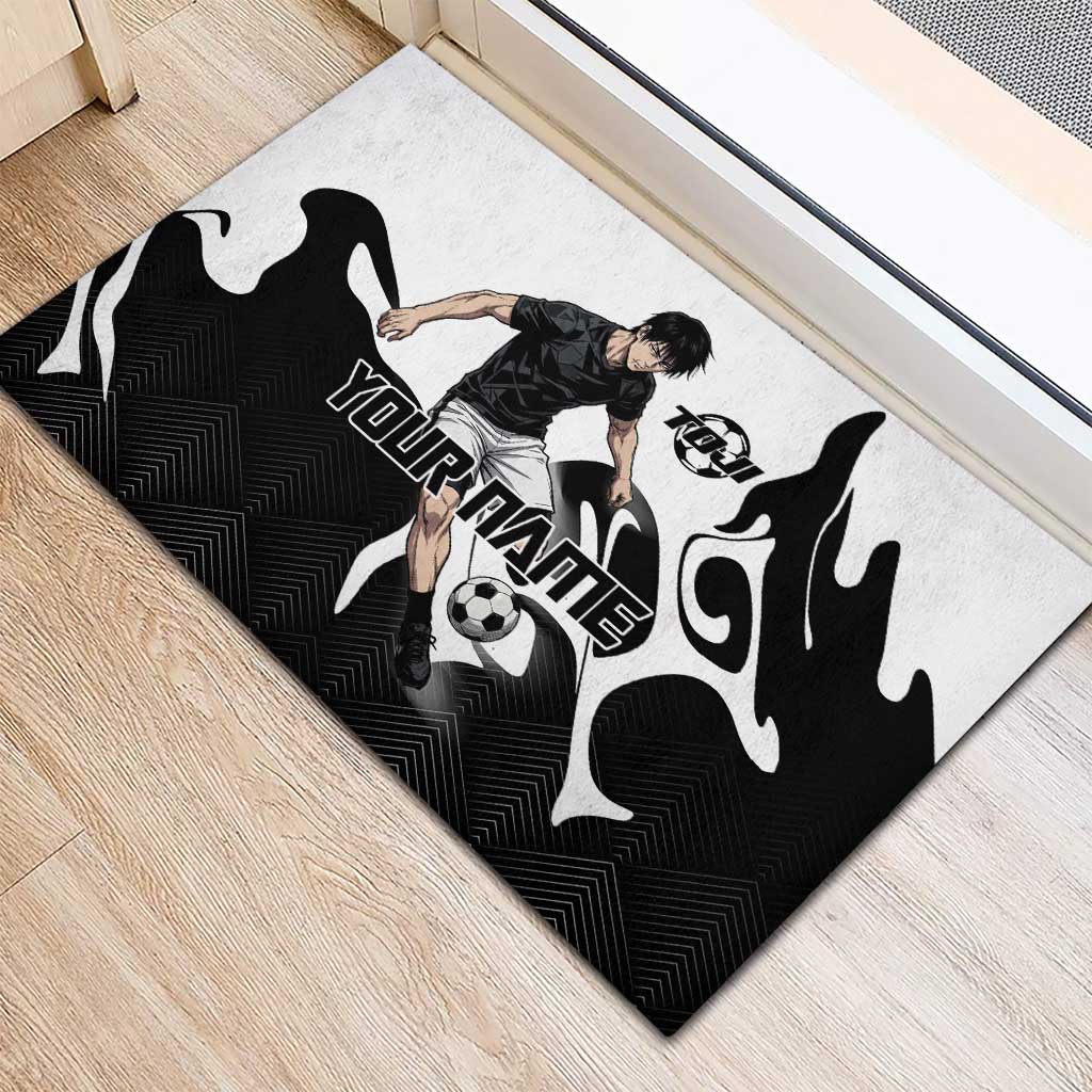Personalized Toji Fushiguro Jujutsu Kaisen Soccer Theme Rubber Doormat with Dribbling Pose and Monochrome Black White Flame Graphic Design - The Mazicc