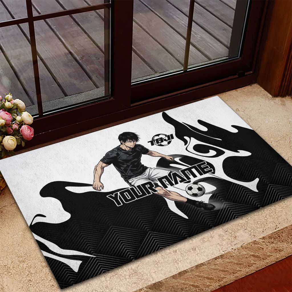 Personalized Toji Fushiguro Jujutsu Kaisen Soccer Theme Rubber Doormat with Dribbling Pose and Monochrome Black White Flame Graphic Design - The Mazicc