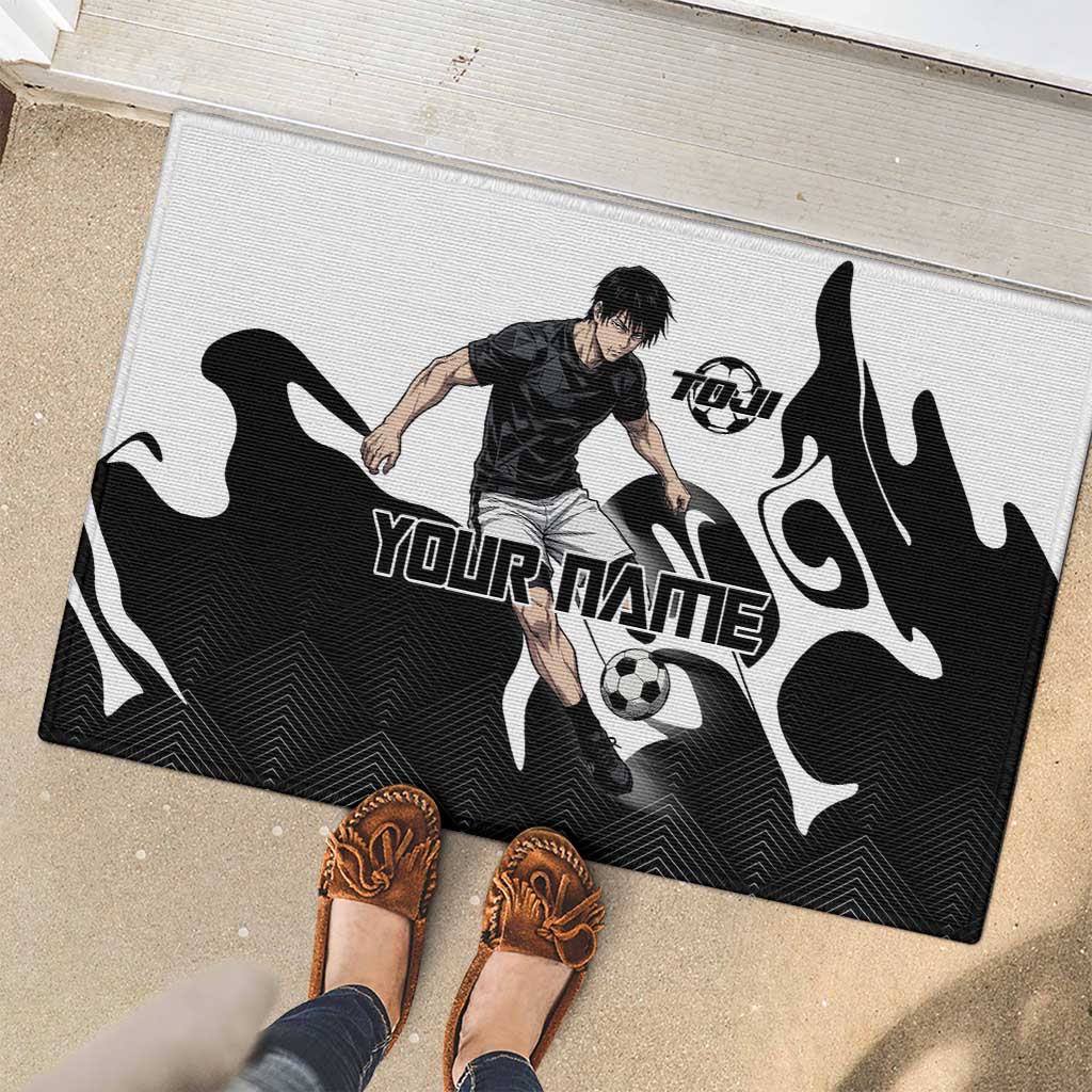 Personalized Toji Fushiguro Jujutsu Kaisen Soccer Theme Rubber Doormat with Dribbling Pose and Monochrome Black White Flame Graphic Design - The Mazicc