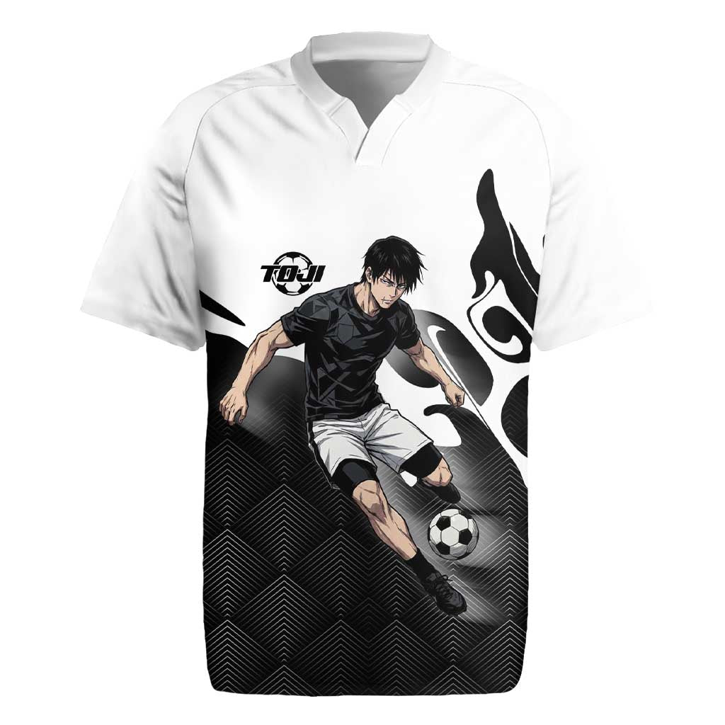 Personalized Toji Fushiguro Jujutsu Kaisen Soccer Theme Rugby Jersey with Dribbling Pose and Monochrome Black White Flame Graphic Design - The Mazicc