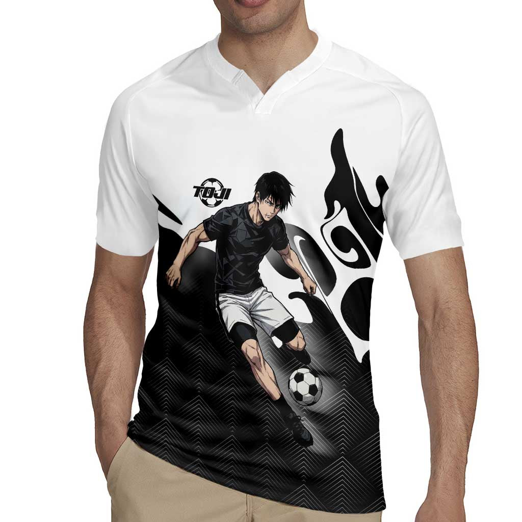 Personalized Toji Fushiguro Jujutsu Kaisen Soccer Theme Rugby Jersey with Dribbling Pose and Monochrome Black White Flame Graphic Design - The Mazicc