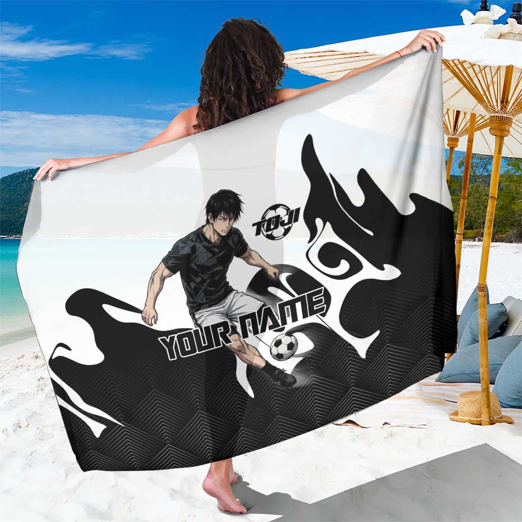 Personalized Toji Fushiguro Jujutsu Kaisen Soccer Theme Sarong with Dribbling Pose and Monochrome Black White Flame Graphic Design - The Mazicc