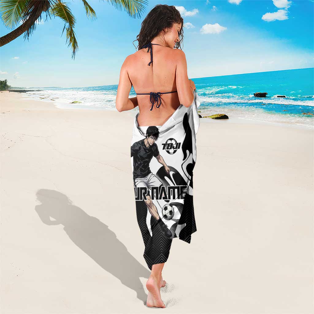 Personalized Toji Fushiguro Jujutsu Kaisen Soccer Theme Sarong with Dribbling Pose and Monochrome Black White Flame Graphic Design - The Mazicc