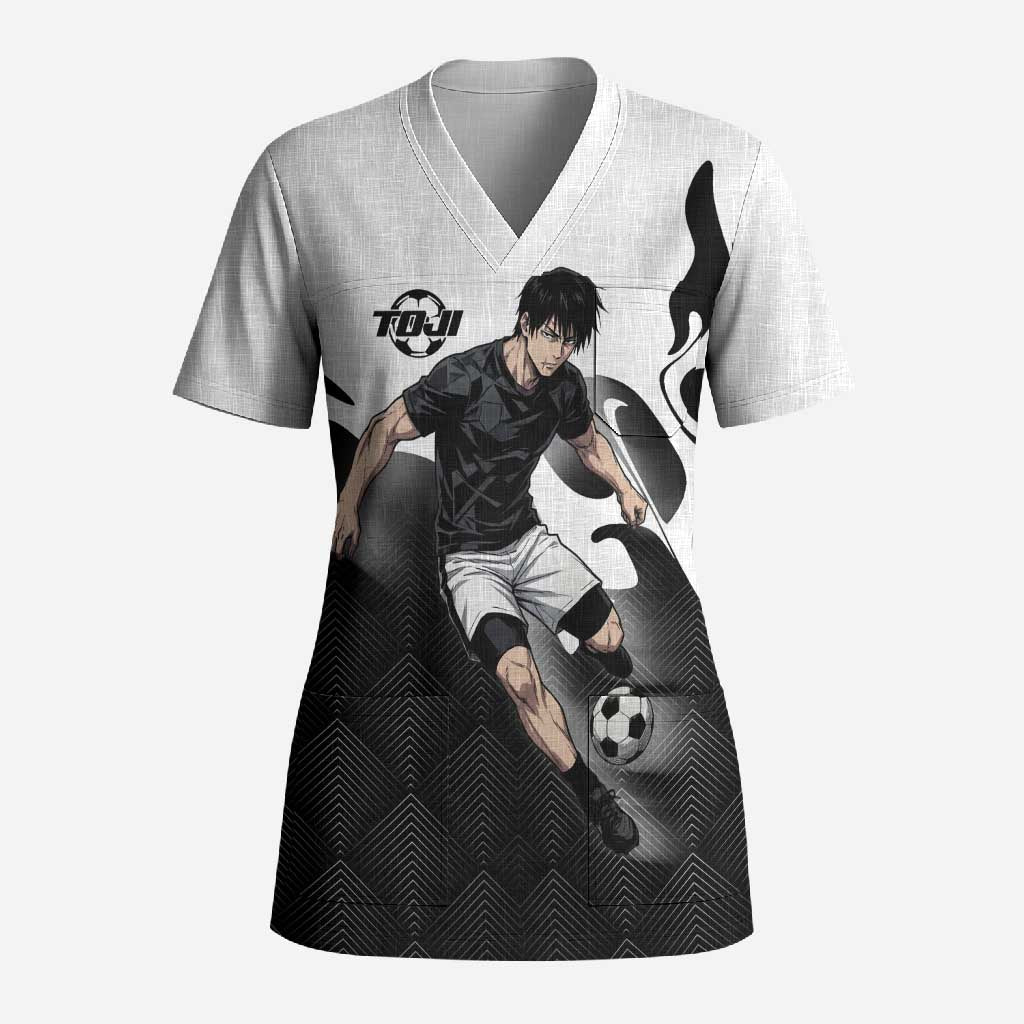 Personalized Toji Fushiguro Jujutsu Kaisen Soccer Theme Scrub Top with Dribbling Pose and Monochrome Black White Flame Graphic Design - The Mazicc