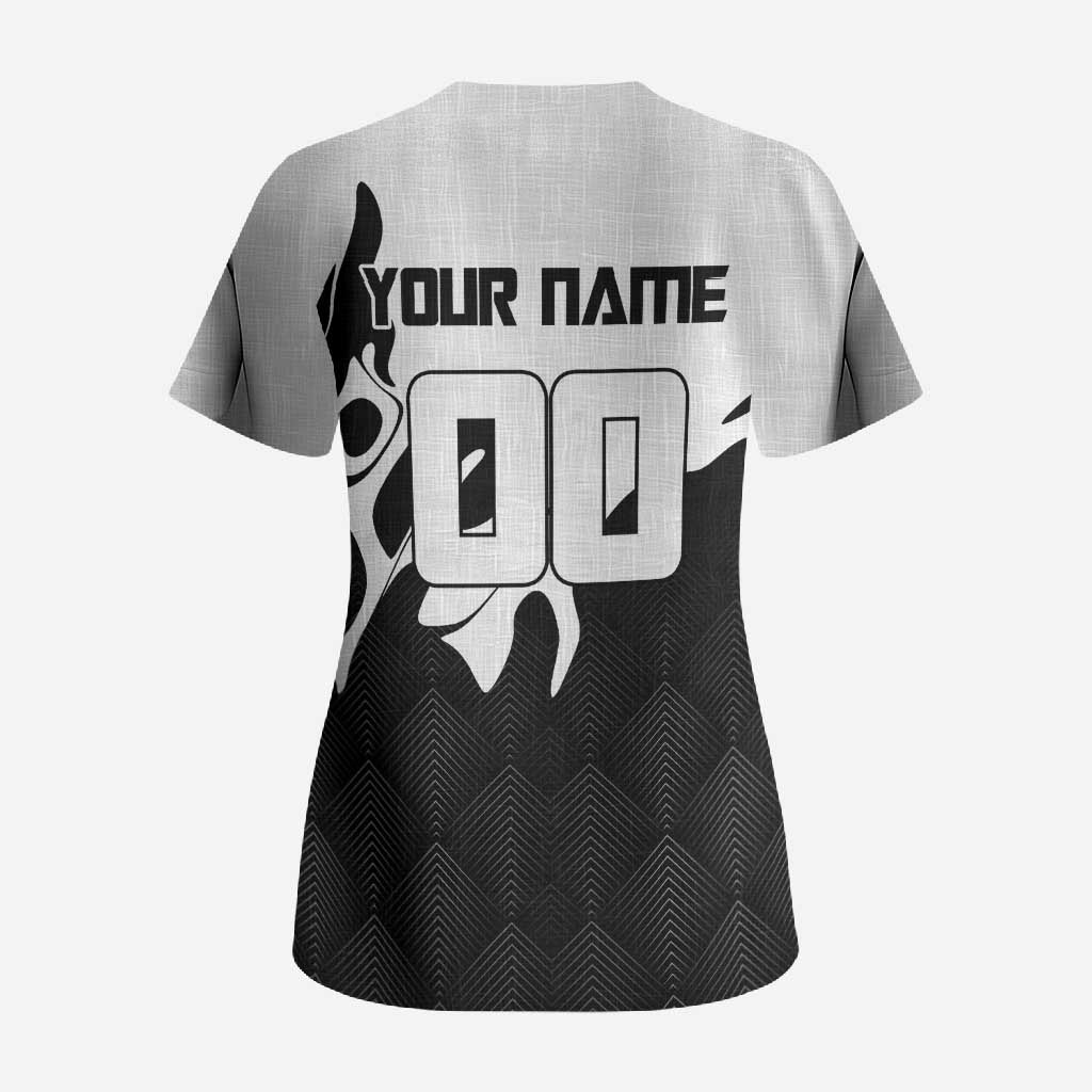 Personalized Toji Fushiguro Jujutsu Kaisen Soccer Theme Scrub Top with Dribbling Pose and Monochrome Black White Flame Graphic Design - The Mazicc