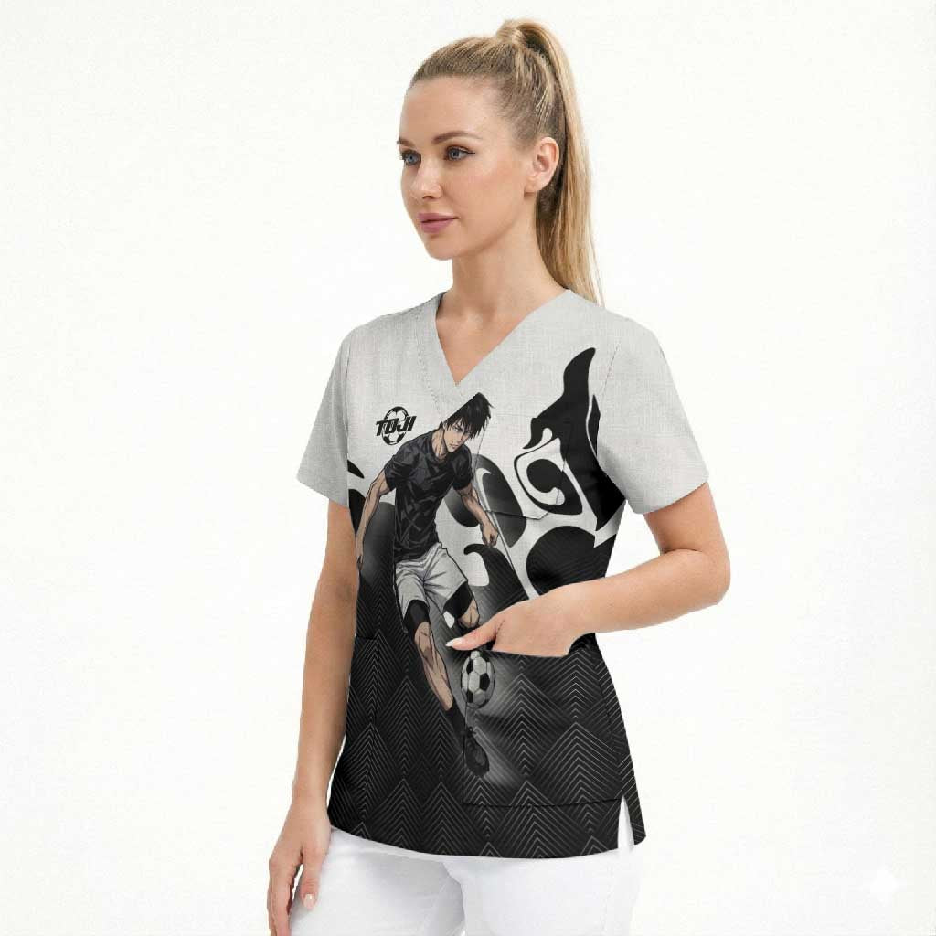 Personalized Toji Fushiguro Jujutsu Kaisen Soccer Theme Scrub Top with Dribbling Pose and Monochrome Black White Flame Graphic Design - The Mazicc
