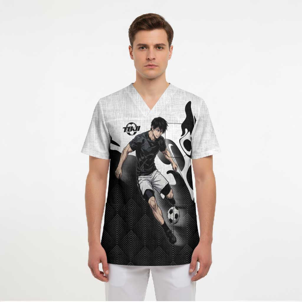 Personalized Toji Fushiguro Jujutsu Kaisen Soccer Theme Scrub Top with Dribbling Pose and Monochrome Black White Flame Graphic Design - The Mazicc
