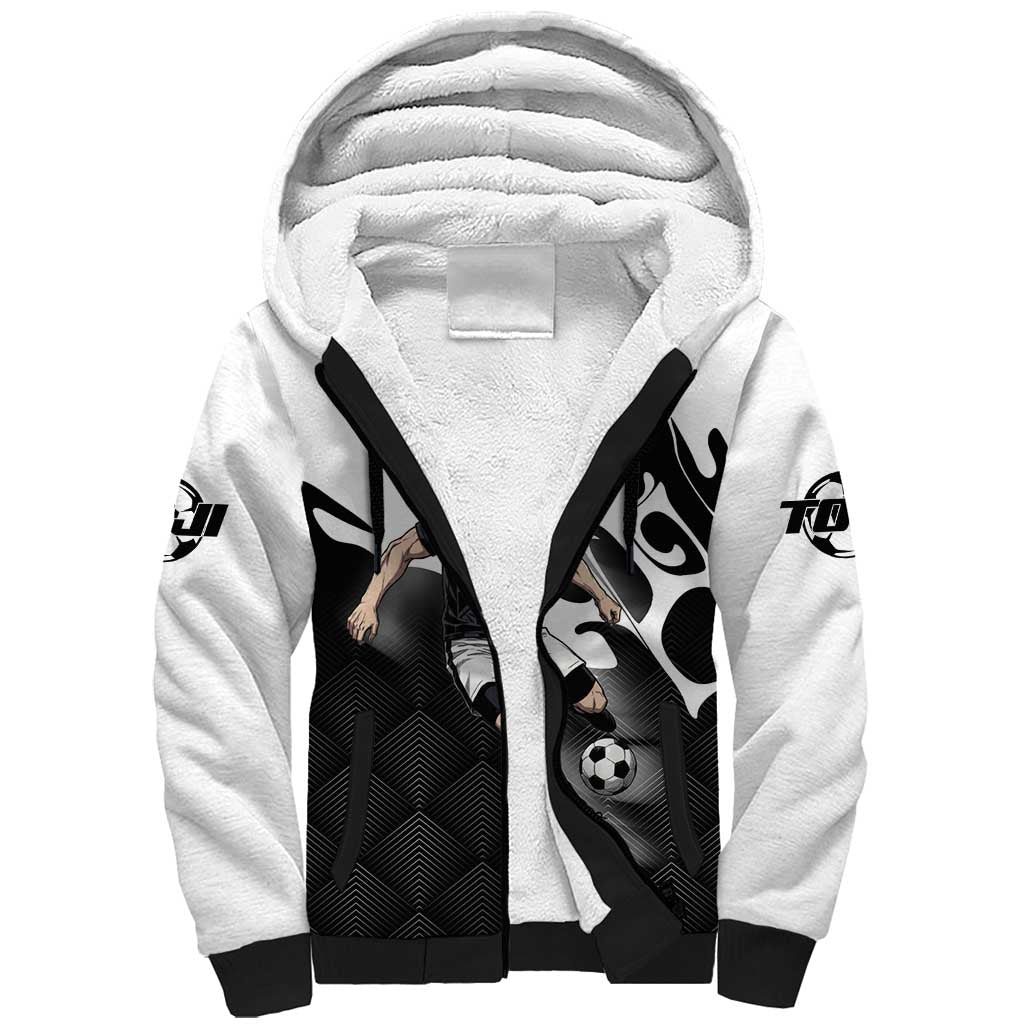 Personalized Toji Fushiguro Jujutsu Kaisen Soccer Theme Sherpa Hoodie with Dribbling Pose and Monochrome Black White Flame Graphic Design - The Mazicc