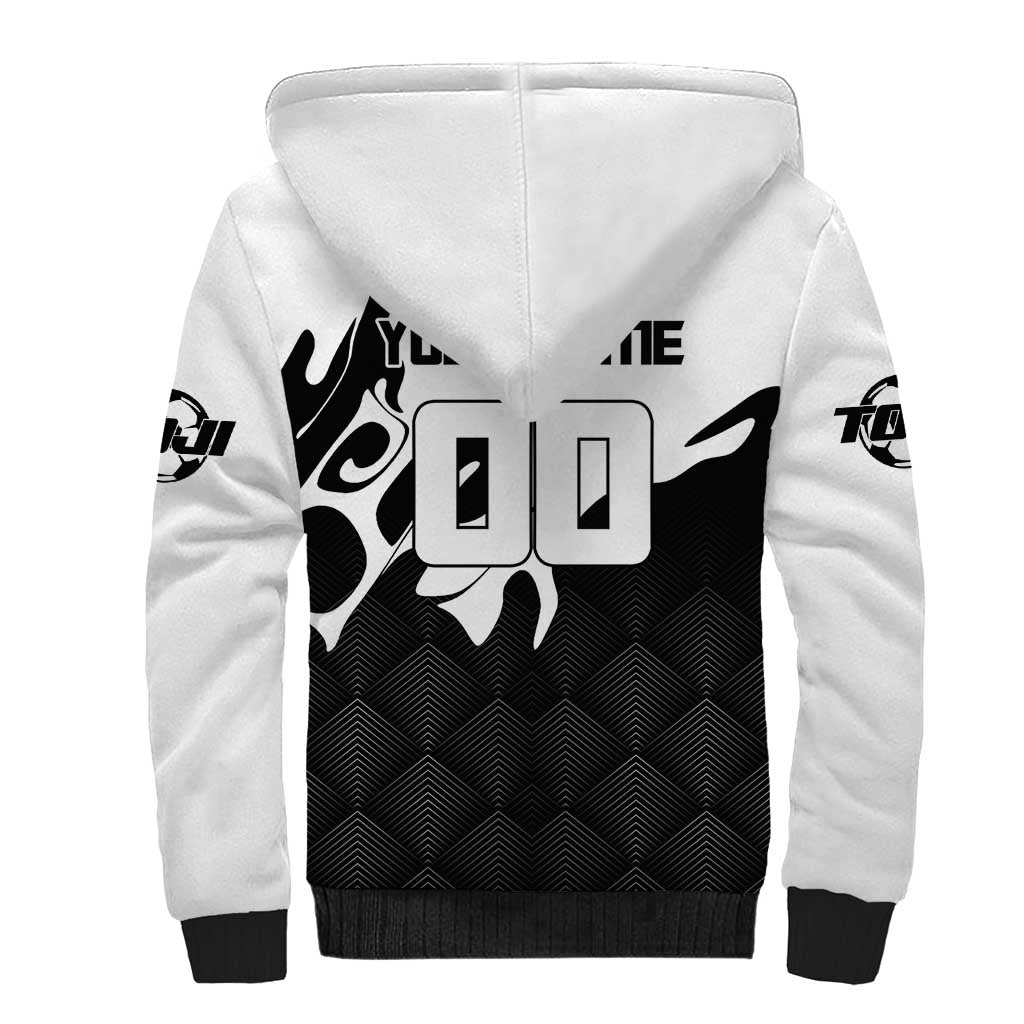 Personalized Toji Fushiguro Jujutsu Kaisen Soccer Theme Sherpa Hoodie with Dribbling Pose and Monochrome Black White Flame Graphic Design - The Mazicc
