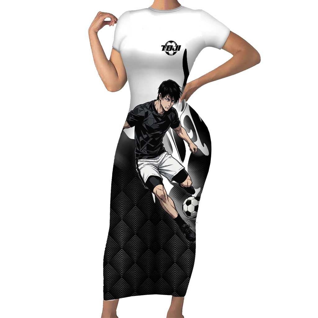 Personalized Toji Fushiguro Jujutsu Kaisen Soccer Theme Short Sleeve Bodycon Dress with Dribbling Pose and Monochrome Black White Flame Graphic Design - The Mazicc
