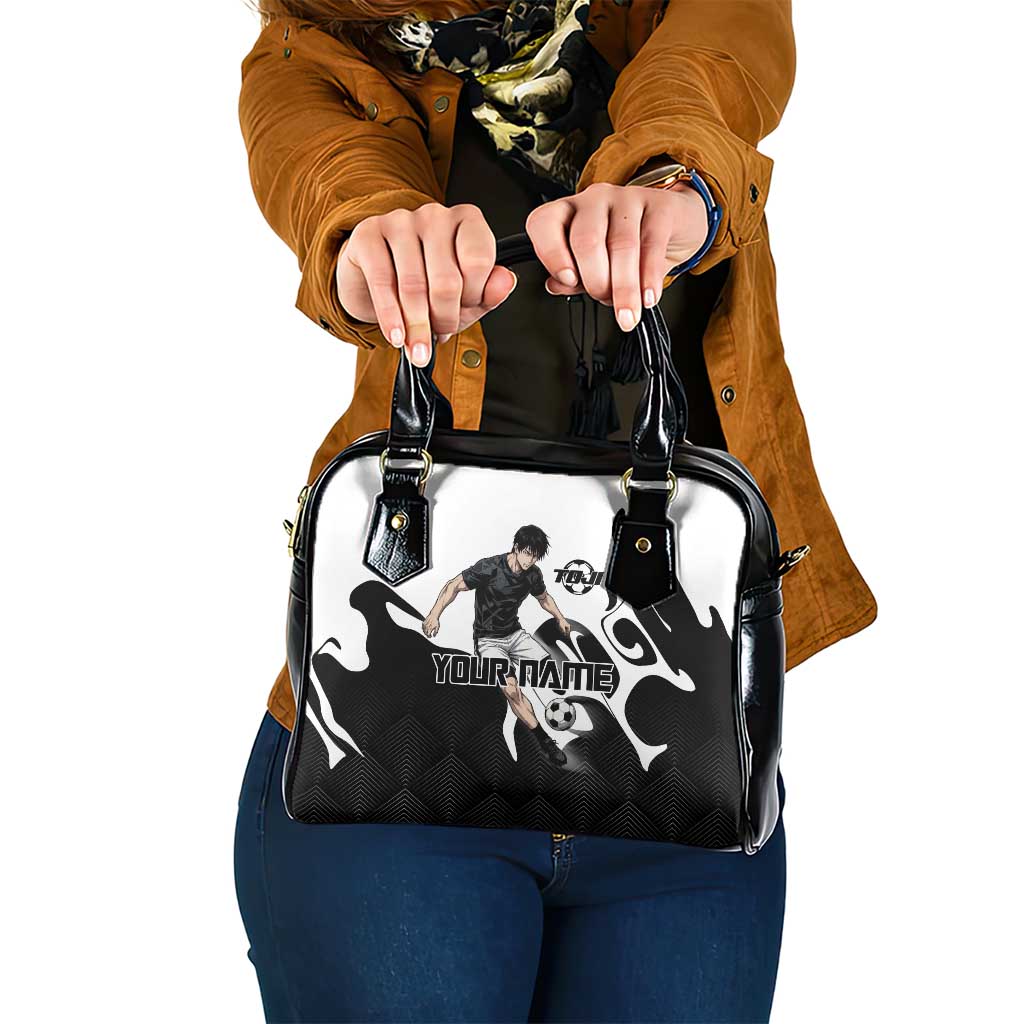 Personalized Toji Fushiguro Jujutsu Kaisen Soccer Theme Shoulder Handbag with Dribbling Pose and Monochrome Black White Flame Graphic Design - The Mazicc