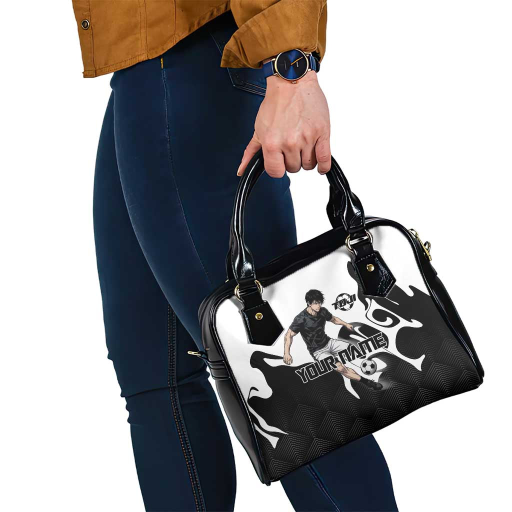 Personalized Toji Fushiguro Jujutsu Kaisen Soccer Theme Shoulder Handbag with Dribbling Pose and Monochrome Black White Flame Graphic Design - The Mazicc